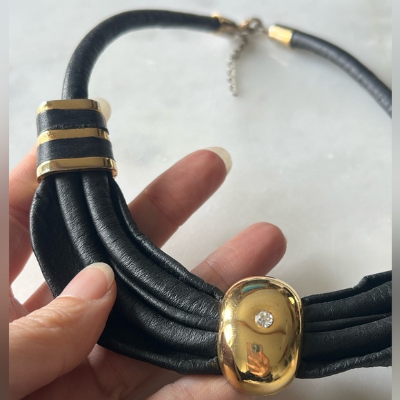 Vintage Black Leather Collar Necklace Gold Accent Statement, Hong Kong 80s 90s - Picture 3 of 6